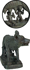 objet de d&eacute;coration : la Louve capitoline (l&eacute;gende de Romulus et R&eacute;mus ; m&eacute;tal moul&eacute;, finition bronze vieilli, hauteur 8 cm)