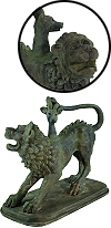objet de d&eacute;coration : la Chim&egrave;re d'Arezzo (reproduction d'une statue &eacute;trusque ; m&eacute;tal moul&eacute;, finition bronze vieilli, hauteur 8 cm)