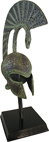 objet de d&eacute;coration : casque grec &agrave; cimier (m&eacute;tal moul&eacute;, finition bronze vieilli, hauteur 21 cm)