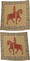 ensemble de deux housses de coussins tiss&eacute;es d'inspiration m&eacute;di&eacute;vale : chevaliers (deux chevaliers de faisant face, 35 x 35 cm)