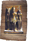 affiche en papyrus brun (50 x 70 cm) : Triade de Myk&eacute;rinos (Myk&eacute;rinos, Hathor et d&eacute;esse d'un nome ; mod&egrave;le ocre)