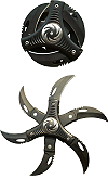 ''Genesis'', version noire (double &eacute;toile &agrave; lancer, shuriken, dague circulaire &agrave; 6 branches) 