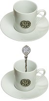 deux ensembles de tasses et sous-tasses &agrave; caf&eacute; ''Tolosa'' (porcelaine blanche avec m&eacute;daille arborant la croix occitane)