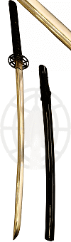 katana ''R&eacute;v&eacute;lation'' (lame dor&eacute;e, polissage &agrave; la main, forge maru ; acier 1045 ; saya, ito et sageo noirs)