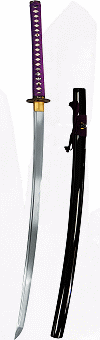 katana ''Am&eacute;thyste'' (forge Soshu Kitae, aciers 1060 et 1045, v&eacute;ritable hamon ; ito et sageo violet ; koiguchi, kojiri et kurikata en corne de buffle)