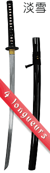 ia&iuml;to ''Awayuki'' (iaitō, lame en acier Maru, saya noire) - 4 longueurs de lame : 48.5 cm (wakizashi) 67, 70 et 73 cm