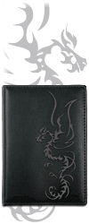 dragon tribal, porte-papiers en cuir noir (gravure sur la couverture)