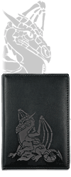 Dragon squelette, porte-papiers en cuir noir (gravure sur la couverture)