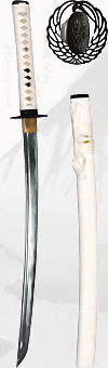 wakizashi ''Neige &eacute;ternelle'', forge Maru 1060, saya blanche (katana disponible pour pr&eacute;sentation en da&iuml;sho)