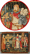 tapisserie m&eacute;di&eacute;vale (reproduction) : le roi Arthur portant l'&eacute;p&eacute;e Excalibur (96 x 142 cm)