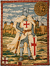 tapisserie m&eacute;di&eacute;vale (reproduction) : chevalier Templier devant cit&eacute; fortifi&eacute;e, avec sceau de l'Ordre (62 x 48 cm)
