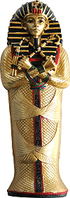 le sarcophage de Tout&acirc;nkhamon (inspir&eacute; du tr&eacute;sor du pharaon ; mod&egrave;le peint en dor&eacute; et couleurs vives, contenant une momie)