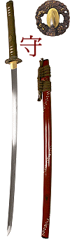 katana ''Mori'' (lame Kobuse, saya en bois laqu&eacute; rouge sombre et d&eacute;coration fa&ccedil;on marqueterie : rectangles nacr&eacute;s)