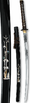 katana Practical ''Take'' (maru 1095, fourreau noir d&eacute;cor&eacute; fa&ccedil;on marqueterie (bambou), tressages ito et sageo bruns)