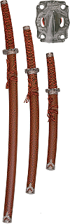 katana, wakizashi et tanto noirs marbr&eacute;s de rouge (ensemble avec support en bois noir)