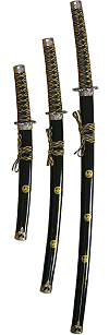 katana, wakizashi et tanto noirs, or et argent (ensemble avec support en bois noir)
