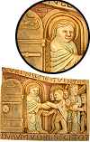 applique murale en pl&acirc;tre moul&eacute; fa&ccedil;on pierre : la Porte du Paradis (d&eacute;tail du tympan du Jugement Dernier, abbatiale de Conques, Aveyron)