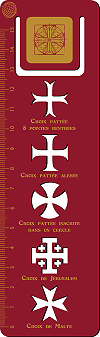 marque-pages gradu&eacute; (r&egrave;gle) 15 cm et formographe, bordeau et or : croix des ordres de chevalerie (formes d&eacute;coup&eacute;es permettant de dessiner les croix avec un crayon)