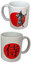 ensemble de deux mugs (tasses &agrave; th&eacute; ou &agrave; caf&eacute; en porcelaine blanche) : samoura&iuml; archer et id&eacute;ogramme