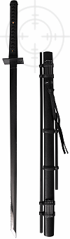 katana ninja ''Le Furtif'' (ninjato ; lame maru 1045 anodis&eacute;e (couleur noire), mu sori ; sarbacanes et fl&egrave;chettes int&eacute;gr&eacute;es)