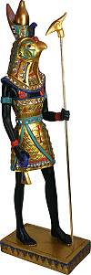 statuette du dieu Horus tenant un sceptre Ouas et une Ankh (cl&eacute; de vie), finition or, couleurs, miroirs et strass