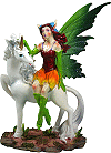 la F&eacute;e des bois (statuette ; f&eacute;e aux ailes vertes chevauchant une licorne)