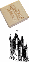 tampons encreurs sur support bois : chevaliers et donjons templiers (Donjon du Temple de Paris, Templier en posture de combat, Templier en pri&egrave;re, ''Non nobis, Domine, non nobis, sed nomini tuo da gloriam'')