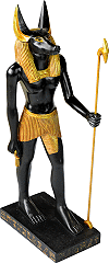statuette du dieu Anubis tenant un sceptre Ouas et une Ankh (cl&eacute; de vie), finition noire et or