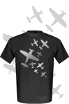 ''Avions'', tee-shirt noir avec avions thermocoll&eacute;s, de couleur argent&eacute;e (flex)