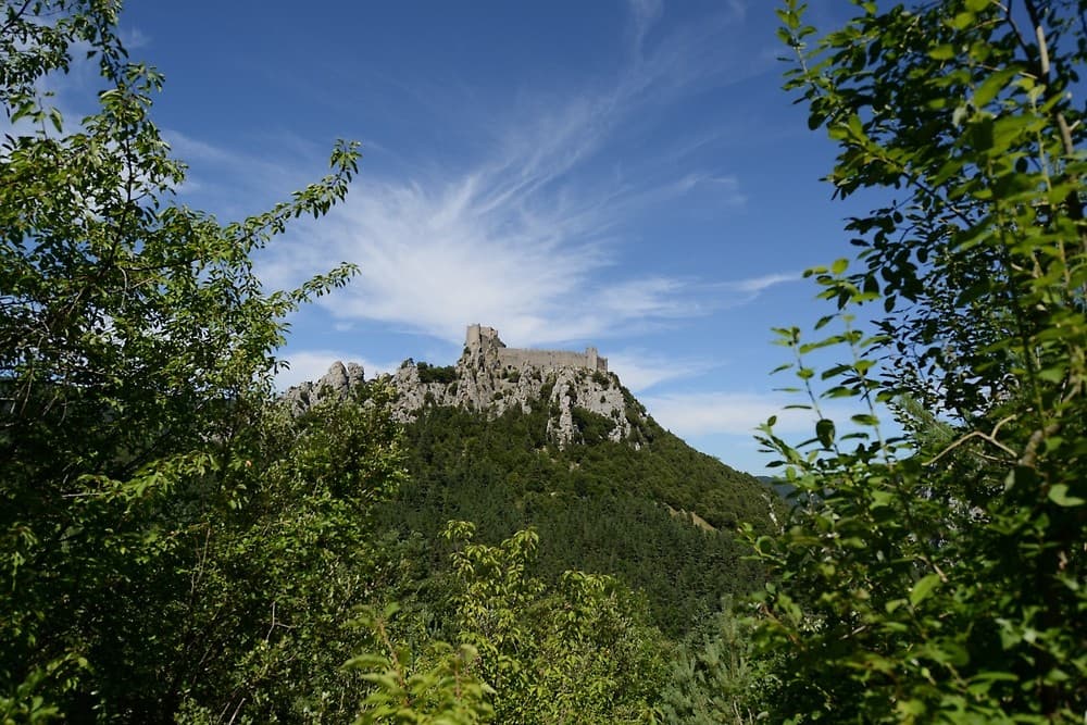 Le château de Puilaurens dans son cocon végétal (Corbières, Aude, Pays cathare ; photographie nocturne : Philippe Contal)
