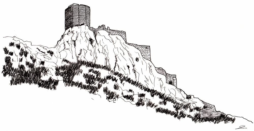 Dessin au trait du château de Quéribus (Corbières, Aude, Pays cathare ; dessin : Philippe Contal)