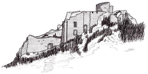 Dessin au trait du château de Peyrepertuse (Corbières, Aude, Pays cathare ; dessin : Philippe Contal)