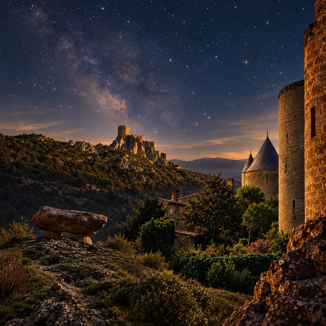 Composition artistique des paysages et pierres de Quéribus, Carcassonne, Sem et Peyrepertuse
