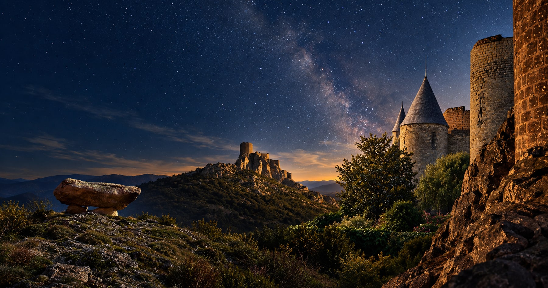 Photocomposition nocturne associant Quéribus, les tours de Carcassonne, le dolmen de Sem et les pierres de Peyrepertuse