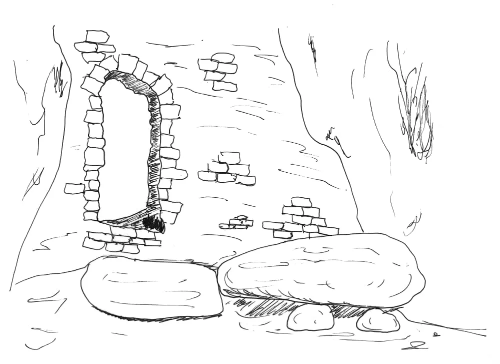 Dessin de la spoulga (grotte fortifiée) d'Ornolac, appelée également « Grotte de Bethléem » (Ariège ; dessin au traits de Philippe Contal)