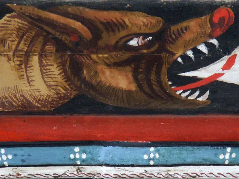 Loup hurlant, peinture sur un plafond des salles de l'abbaye Saint-Hilaire (Aude ; photographie : Philippe Contal, 2004)