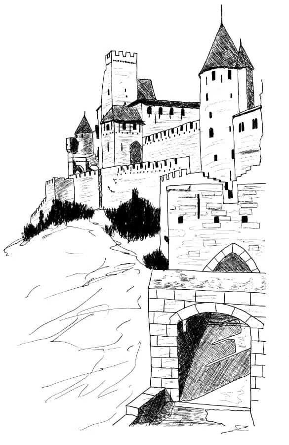 La Porte d'Aude de la cité médiévale de Carcassonne (Aude, Pays cathare ; dessin aux traits de Philippe Contal)
