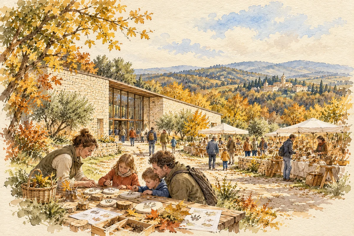 Lavis de carnet de voyage : Scène imaginaire de fête de l’automne près d’un musée, feuilles, empreintes animales et atelier de découverte de la nature.