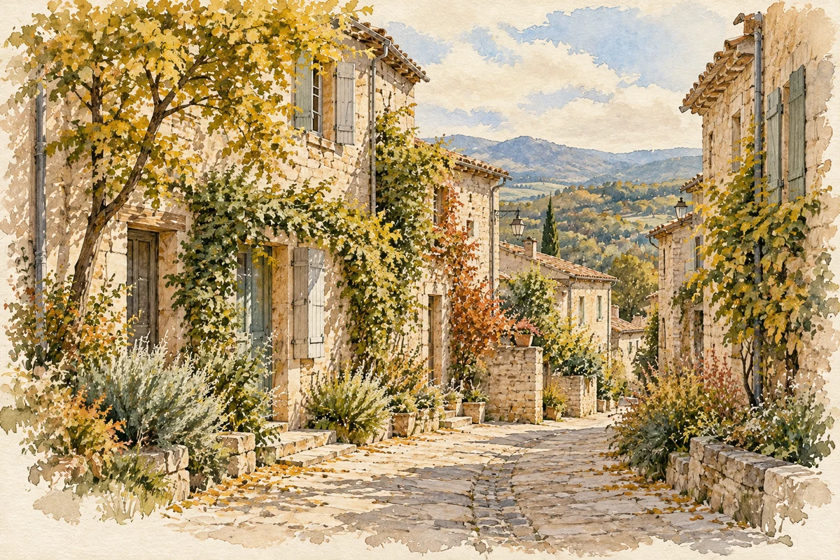 Lavis de carnet de voyage : rue imaginaire, façades anciennes et végétation au pied des bâtiments.
