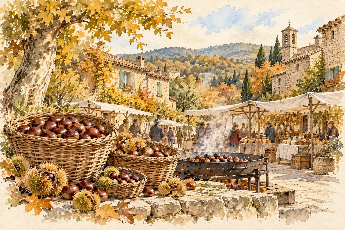 Lavis de carnet de voyage : Foire automnale imaginaire dans un village de la Montagne Noire, paniers de châtaignes et étals sous des auvents de toile.