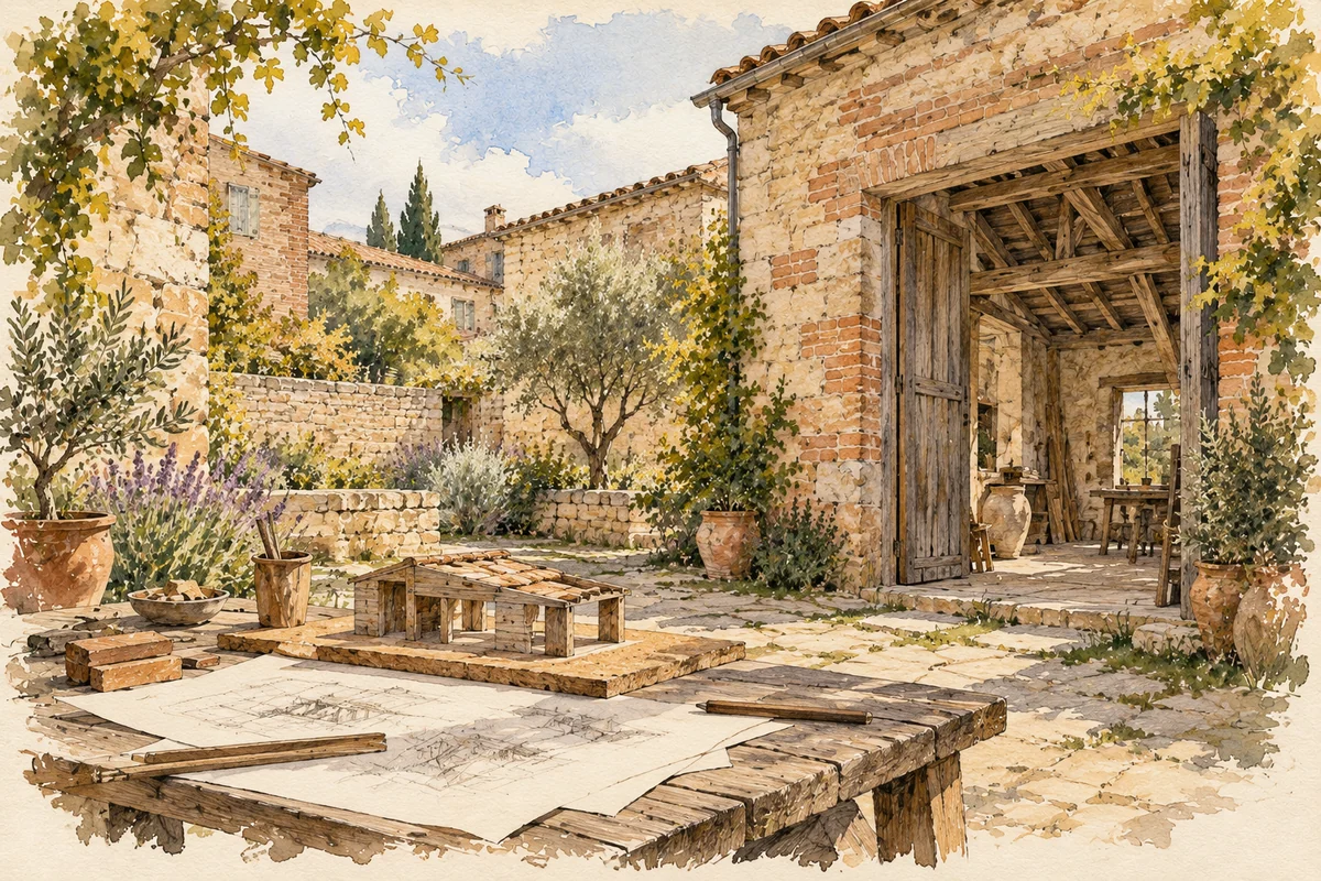 Lavis de carnet de voyage : cour en brique et pierre, charpente conservée et maquette d’étude imaginaire.