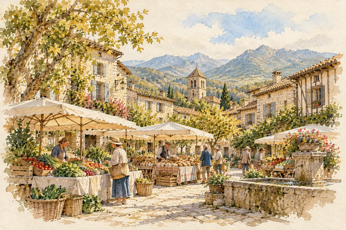 Lavis de carnet de voyage : Marché de village ariégeois imaginaire, étals de légumes et de fruits, paniers et façades de pierre dans la lumière du matin.
