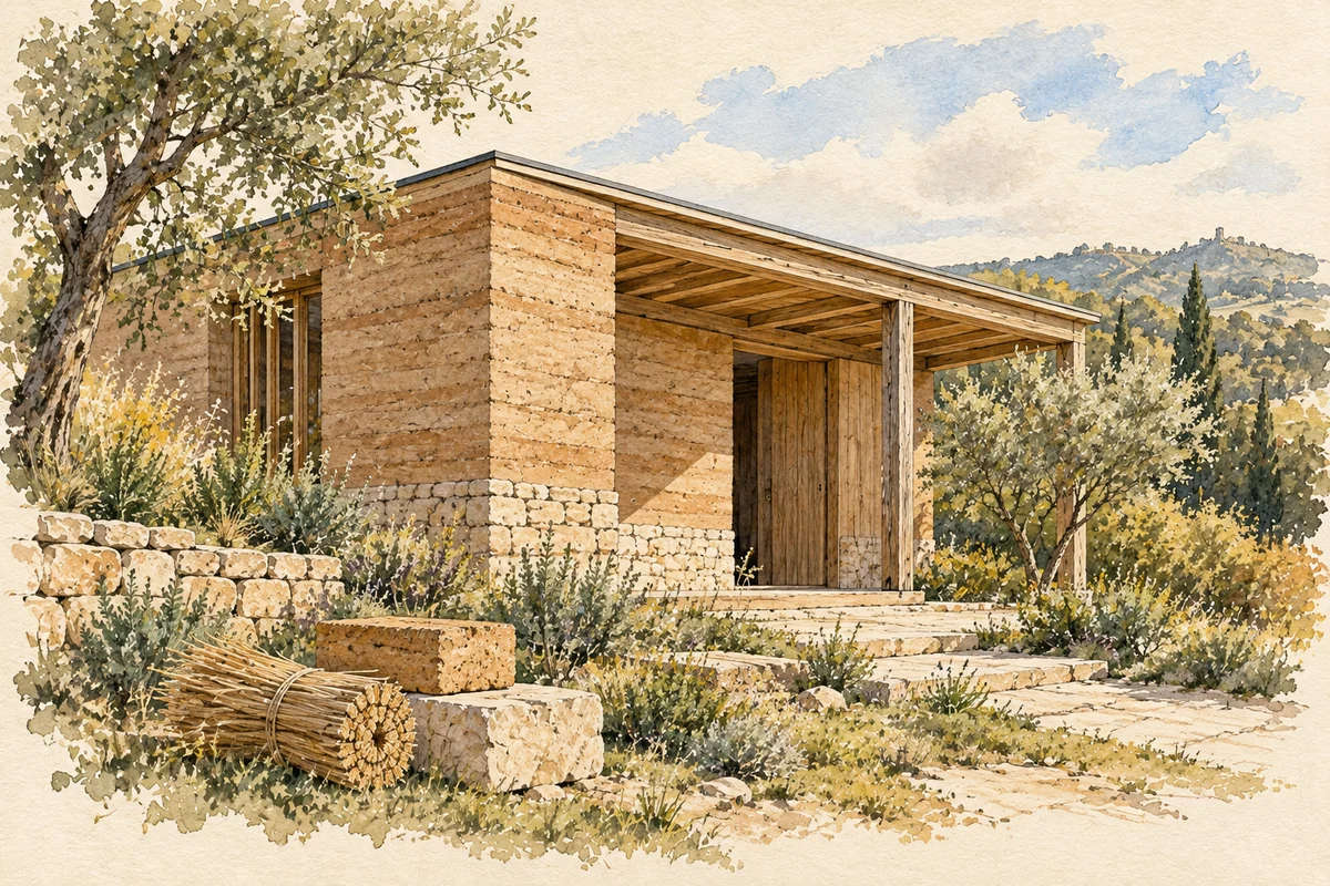 Lavis de carnet de voyage : pavillon imaginaire en terre, pierre et bois, avec fibres végétales au premier plan.