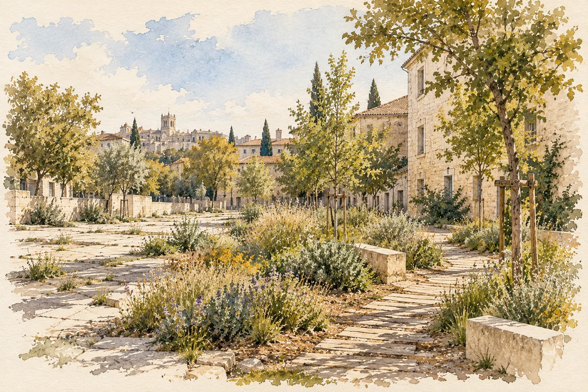 Lavis de carnet de voyage : espace urbain imaginaire, pavés, sols plantés et arbres.