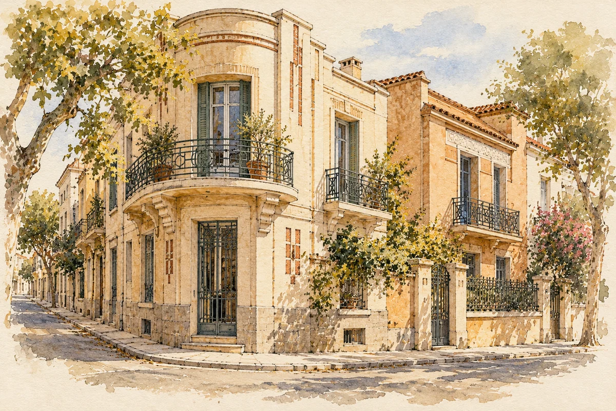 Lavis de carnet de voyage : façades imaginaires aux reliefs géométriques et balcons de ferronnerie Art déco.