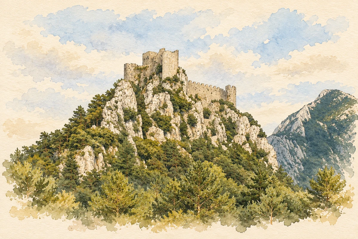 Aquarelle : Château de Puilaurens sur son éperon calcaire, d’après une photographie de Philippe Contal.
