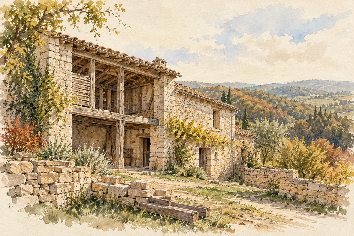 Lavis de carnet de voyage : bâti rural en pierre, charpente et matériaux réemployés ; scène imaginaire.