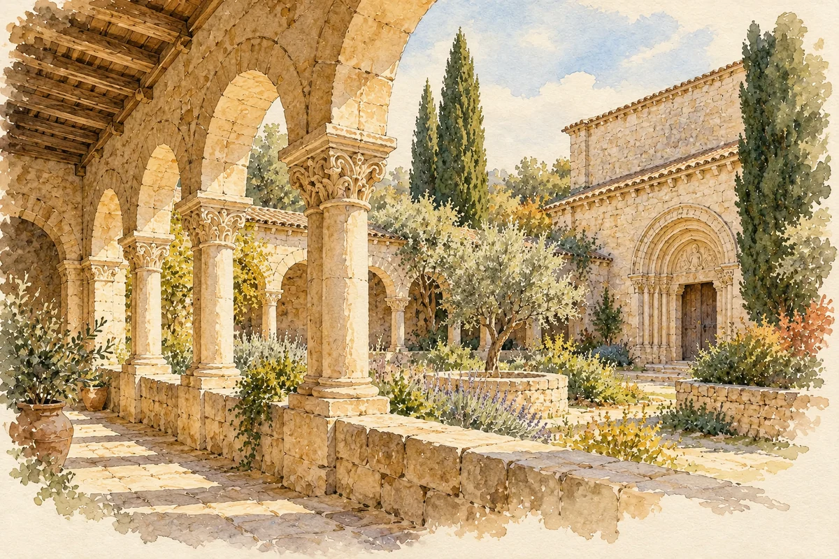 Lavis de carnet de voyage : Cloître roman imaginaire du Roussillon, colonnes et chapiteaux, cour plantée et galerie de pierre dans une lumière douce.