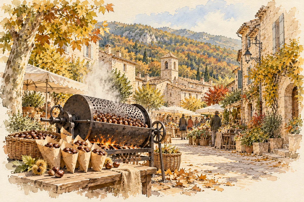 Lavis de carnet de voyage : Fête de la châtaigne imaginaire dans un bourg du Haut-Languedoc, grilloir, cornets de châtaignes et marché de rue.