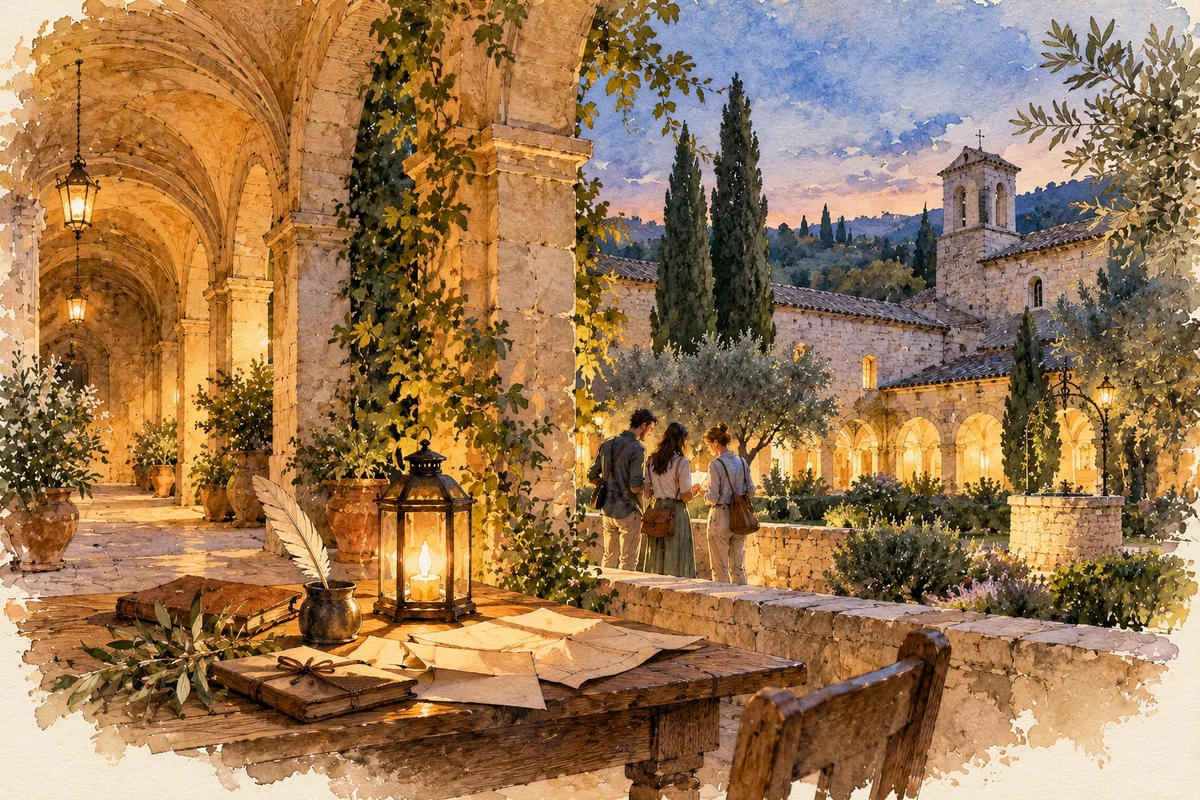 Lavis de carnet de voyage : Scène imaginaire d’enquête dans une ancienne abbaye-école, indices de papier, lanterne et visiteurs dans une galerie au crépuscule.